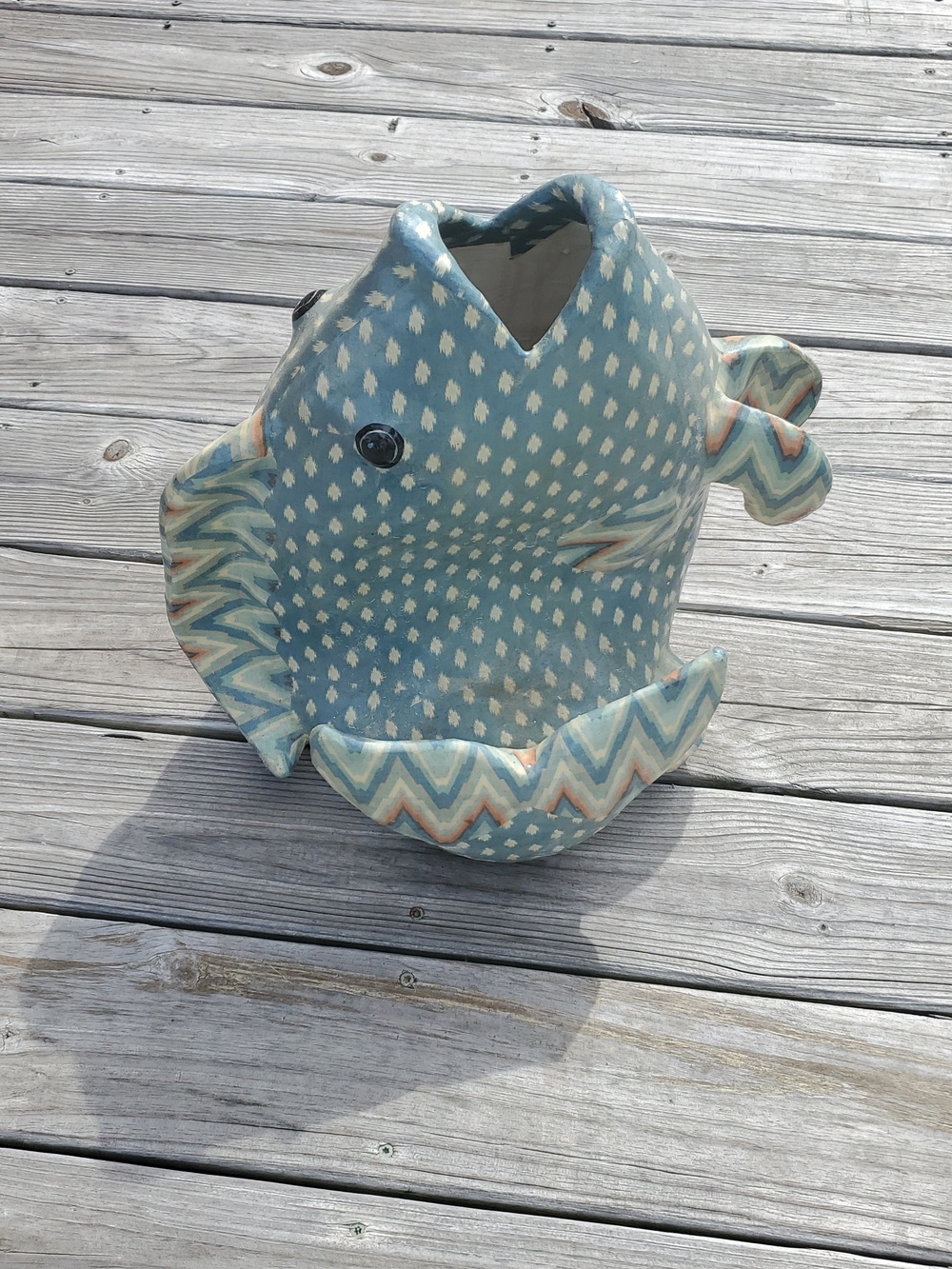 Paper Mache Fish Sculpture in Light Blue with Chevron Accents